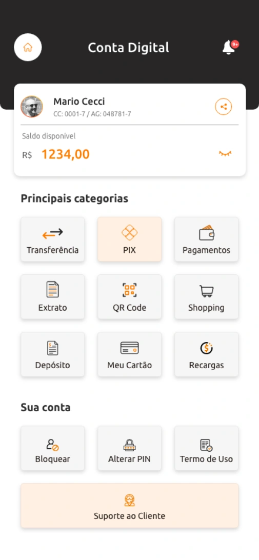 Tela da conta digital Conlife com serviços bancários e acesso ao suporte